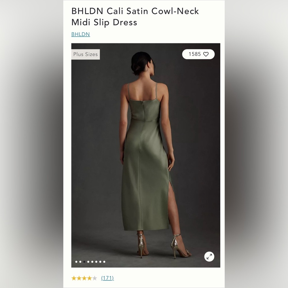 BHLDN ANTHROPOLOGIE  
Cali Satin Midi Dress size 4
Color: Moss Green